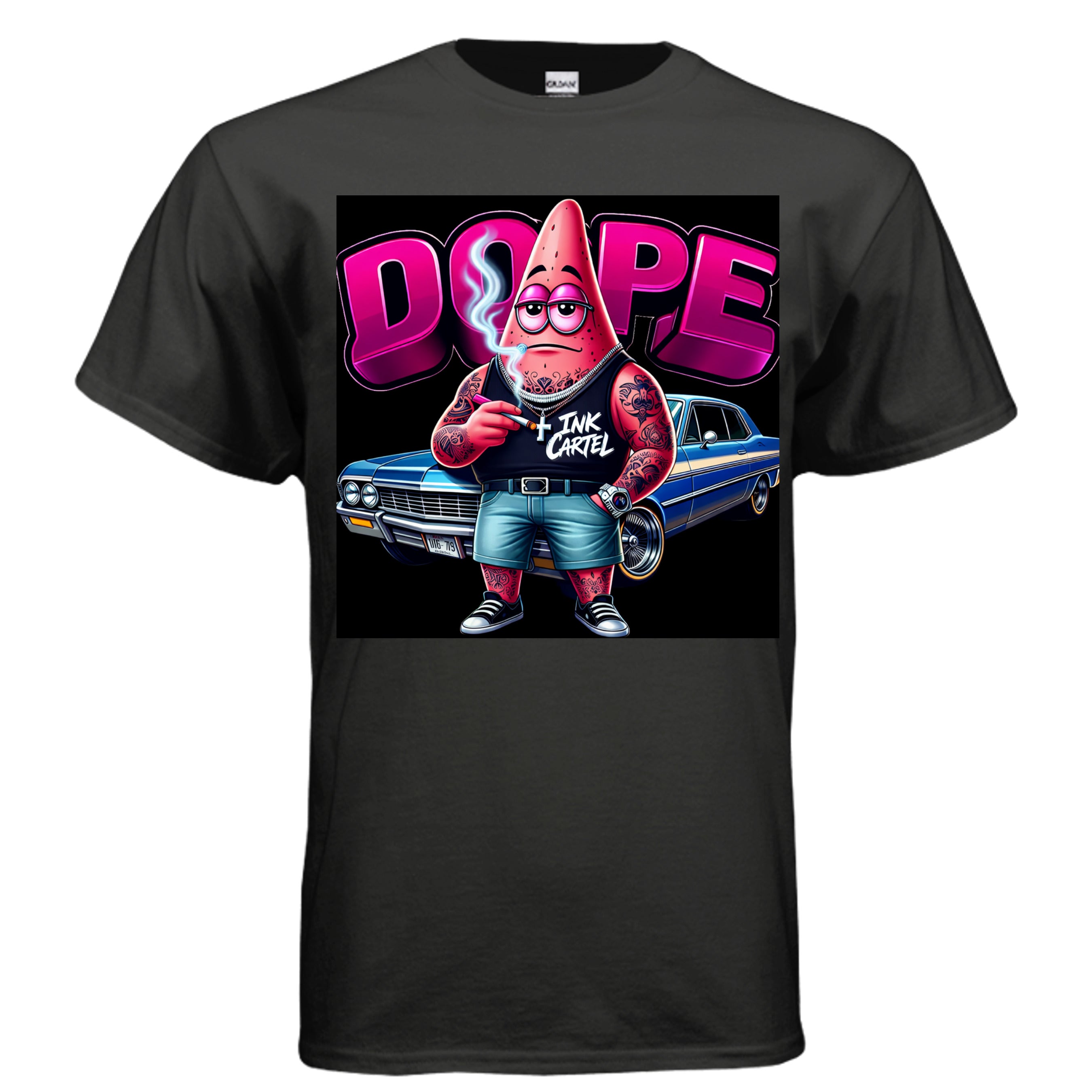 Ink Cartel Dope Star Lowrider Edition T-shirt with cartoon star figure cruising a lowrider, urban streetwear aesthetic