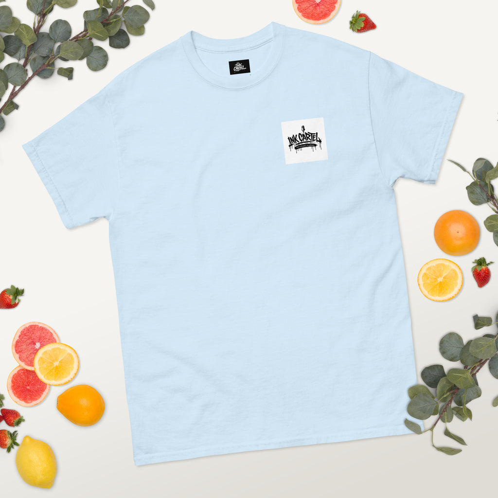 Light blue t-shirt with a logo on a white background with fruits and leaves.