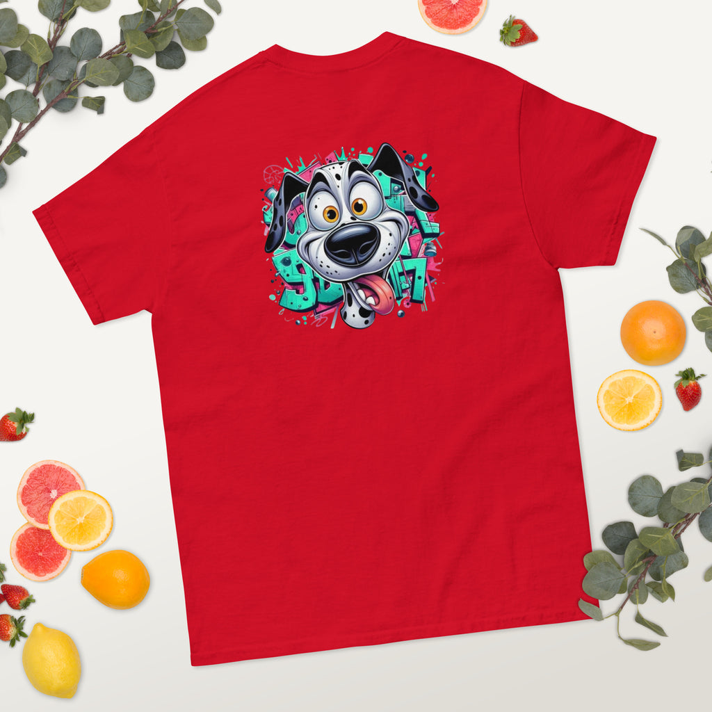 Red t-shirt with a colorful dog graphic on a light background with fruits and leaves.