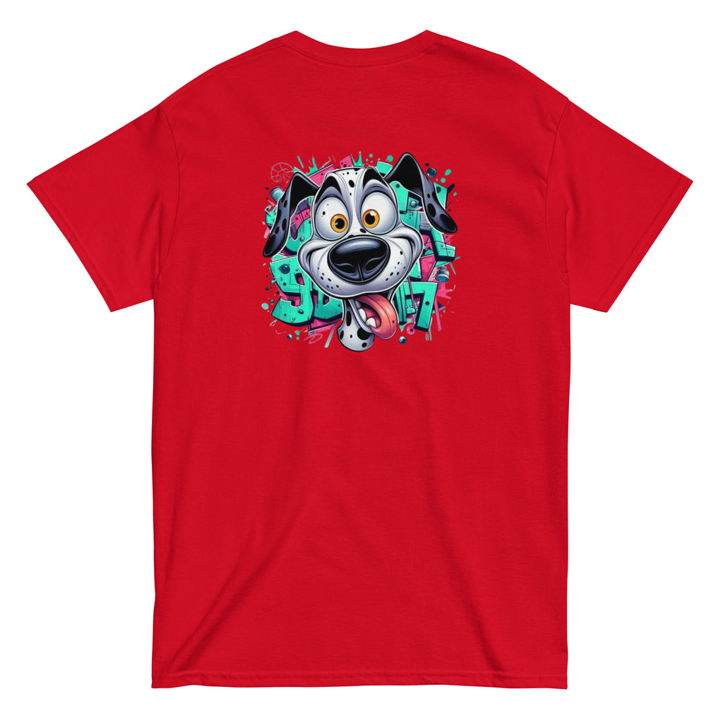 Red t-shirt with a cartoon dog design on the back against a white background