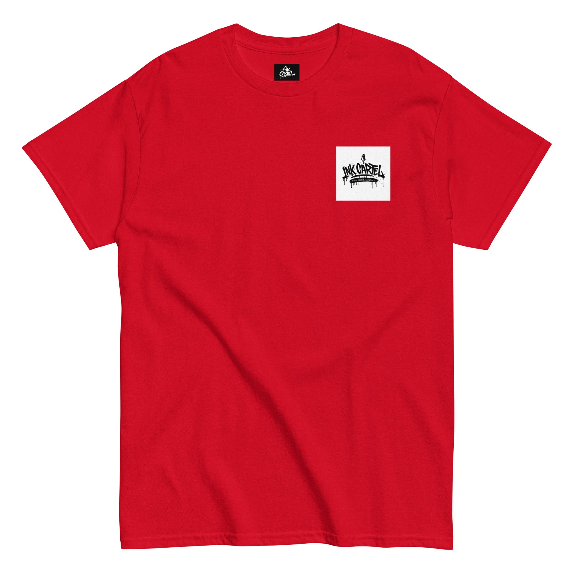 Red t-shirt with a small white logo on the chest against a white background