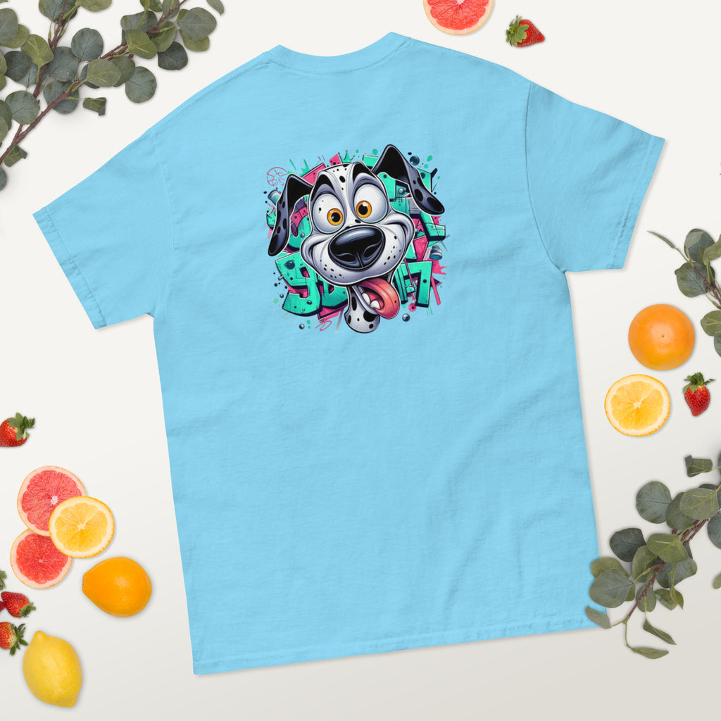 Light blue t-shirt with a colorful dog graphic on a light background with fruits and leaves.