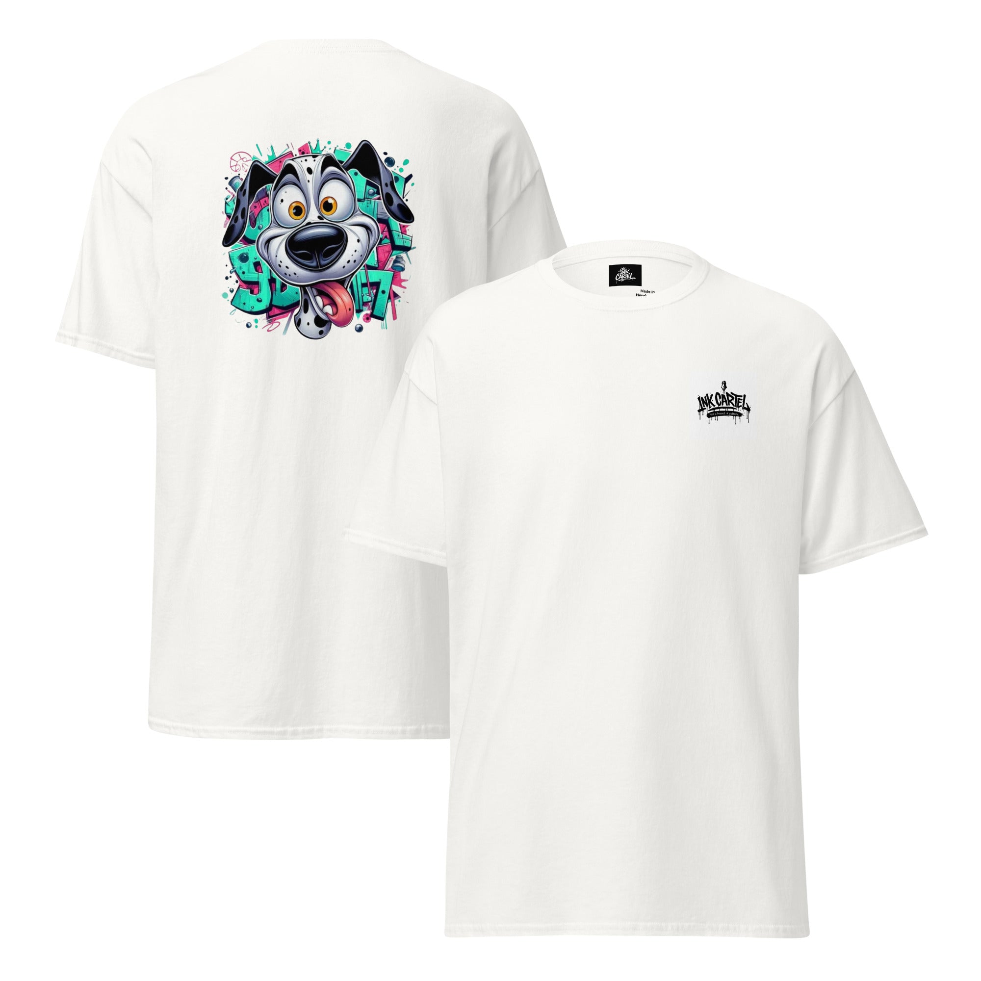 Two white t-shirts, one with a colorful graphic design and the other with a logo, on a white background.