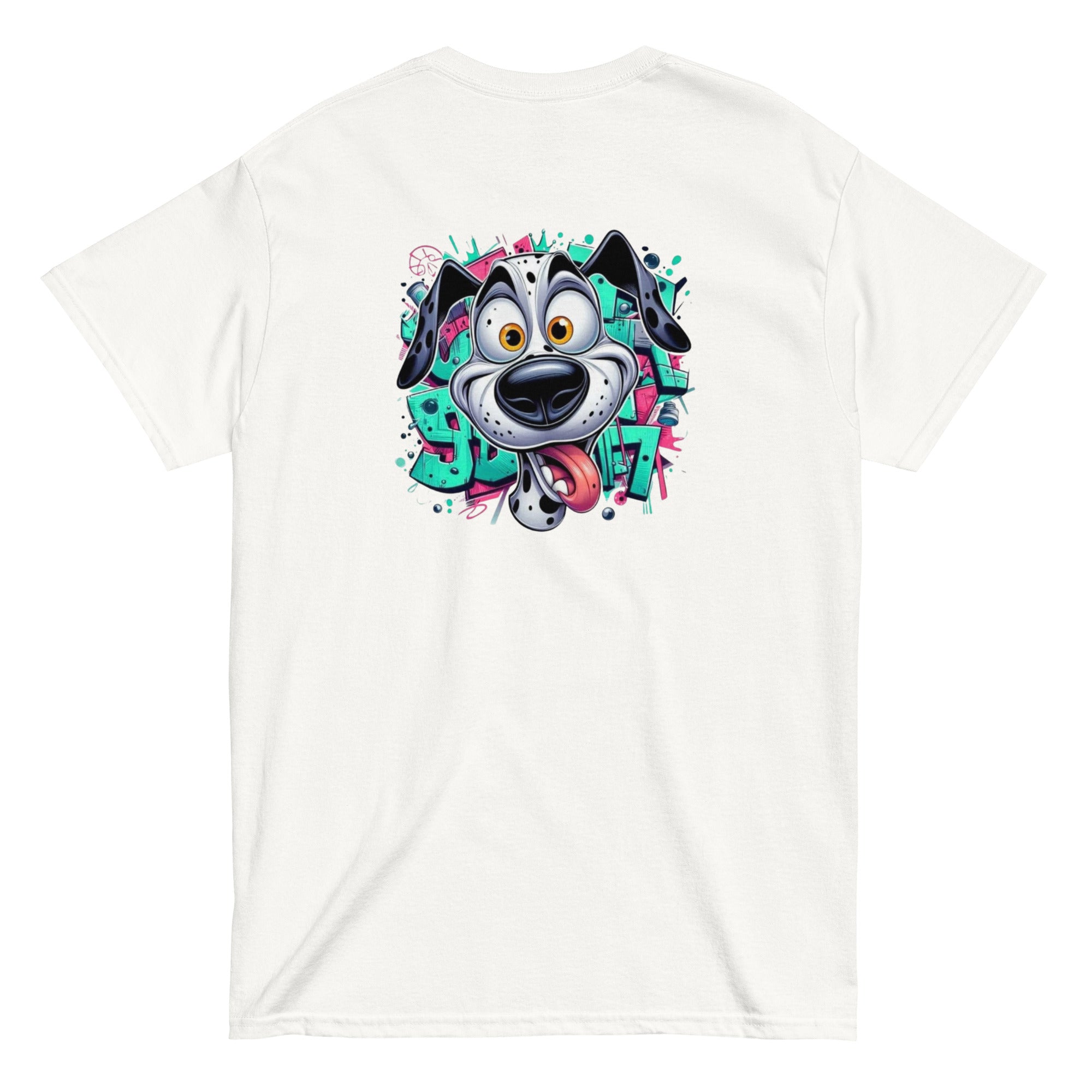 White t-shirt with a colorful dog graphic on the back against a white background