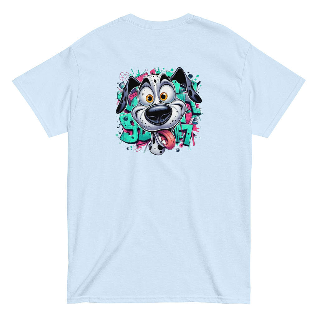 Light blue t-shirt with a cartoon dog design on the back against a white background
