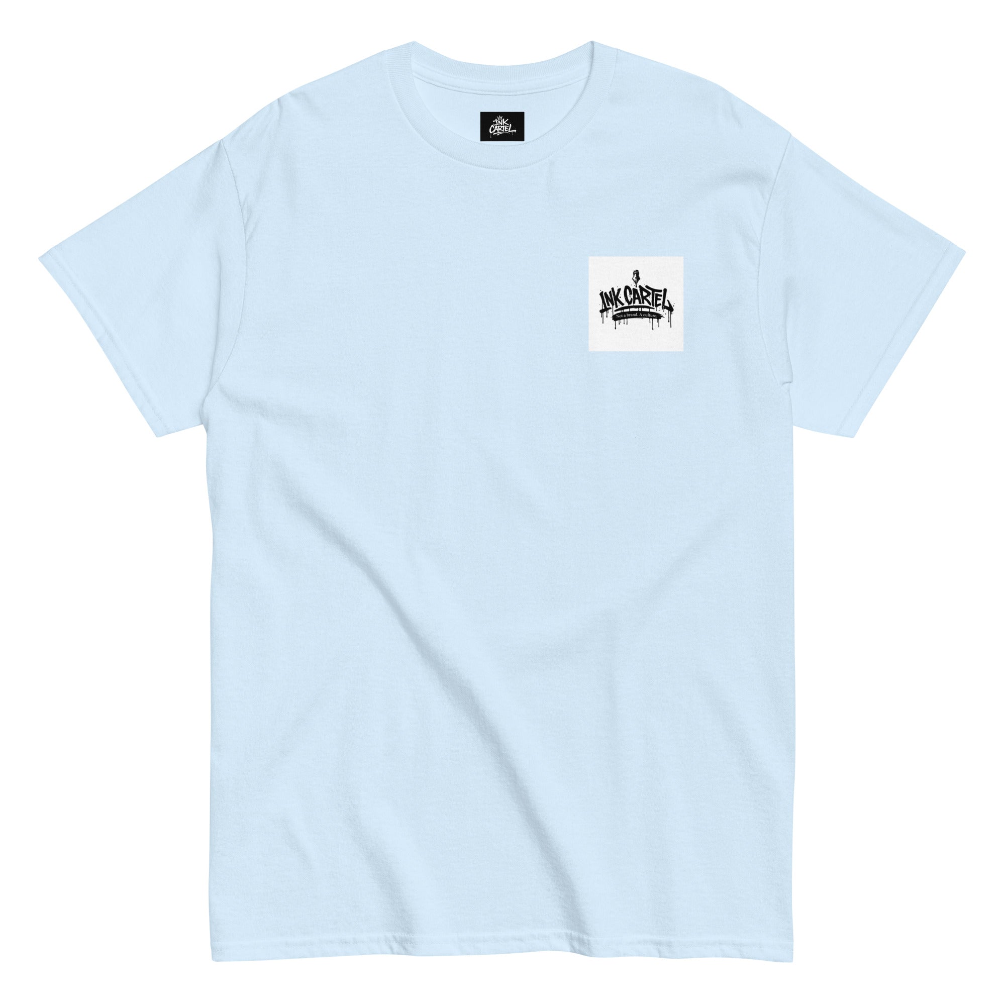 Light blue t-shirt with a small logo on the chest against a white background