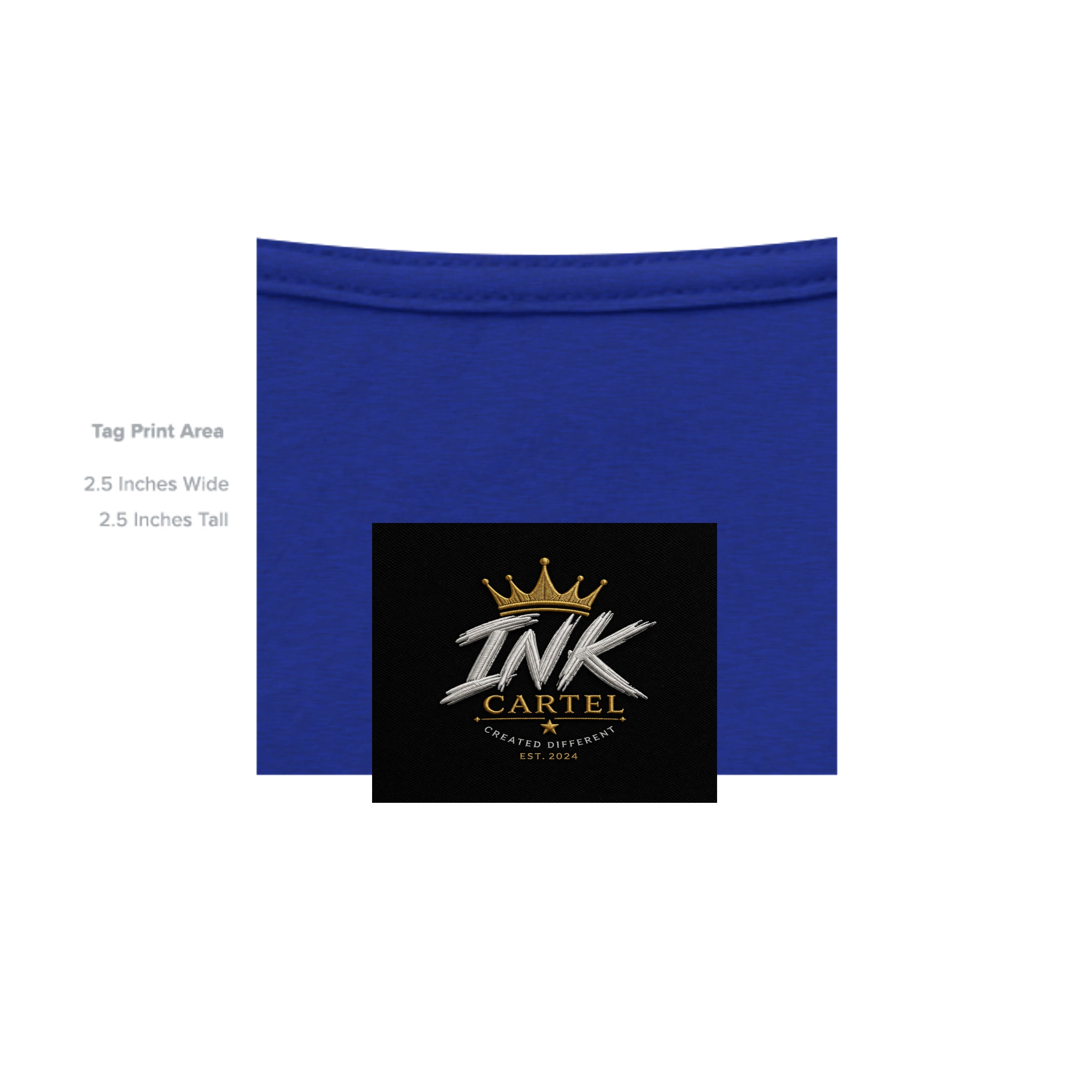 Blue fabric with a logo and text overlay on a white background