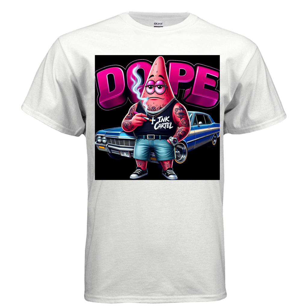  Ink Cartel Dope Star Lowrider Edition T-shirt with cartoon star figure cruising a lowrider, urban streetwear aesthetic