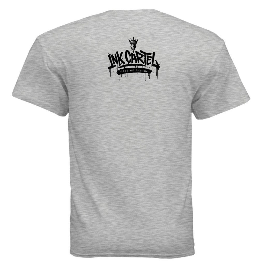 Gray t-shirt with black 'Ink Cartel' logo on the back against a white background
