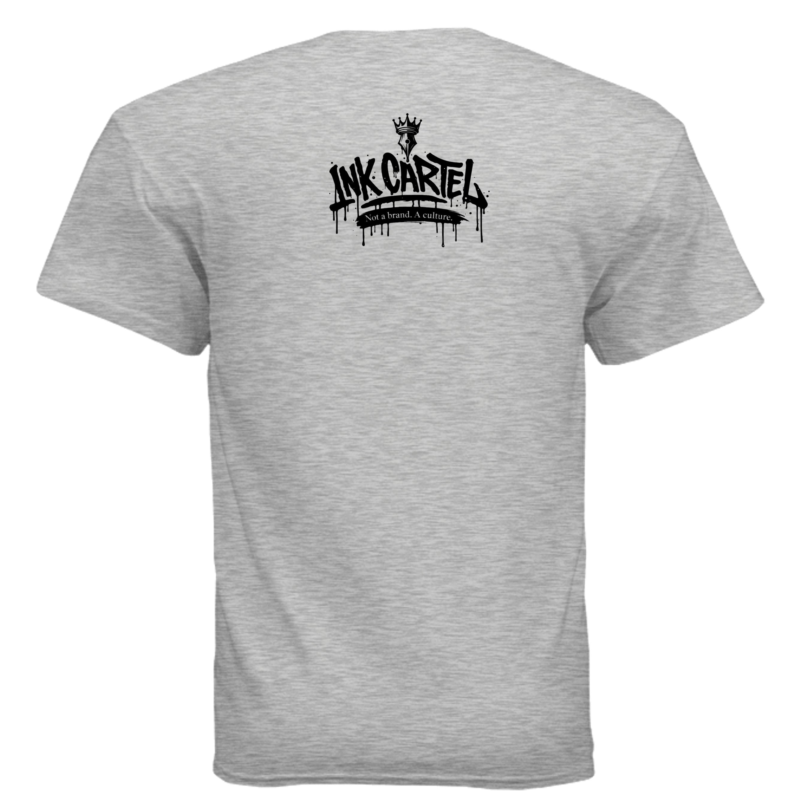 Gray t-shirt with black 'Ink Cartel' logo on the back against a white background