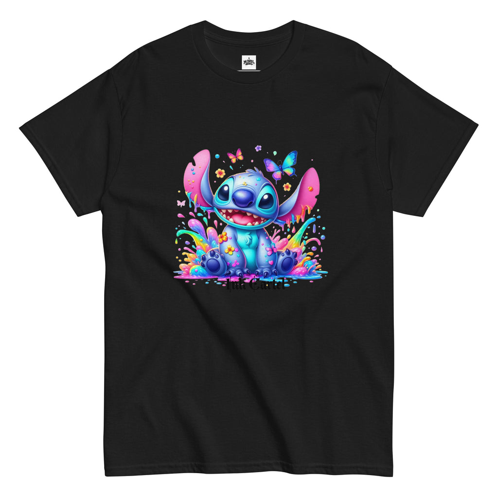  Ink Cartel exclusive streetwear design showing a cartoon-style blue character splashing through dripping black and colorful ink, creating a bold graffiti-inspired visual on a premium t-shirt
