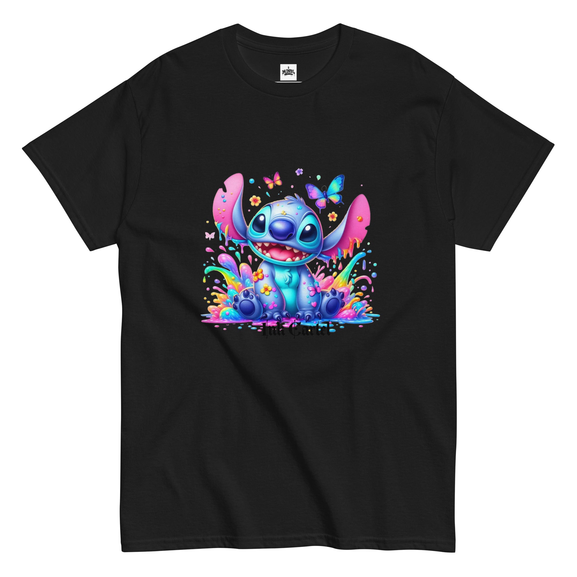  Ink Cartel exclusive streetwear design showing a cartoon-style blue character splashing through dripping black and colorful ink, creating a bold graffiti-inspired visual on a premium t-shirt