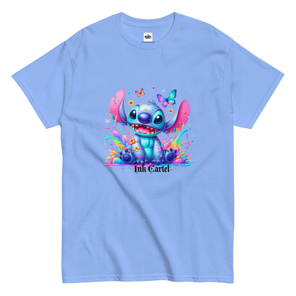  Ink Cartel exclusive streetwear design showing a cartoon-style blue character splashing through dripping black and colorful ink, creating a bold graffiti-inspired visual on a premium t-shirt