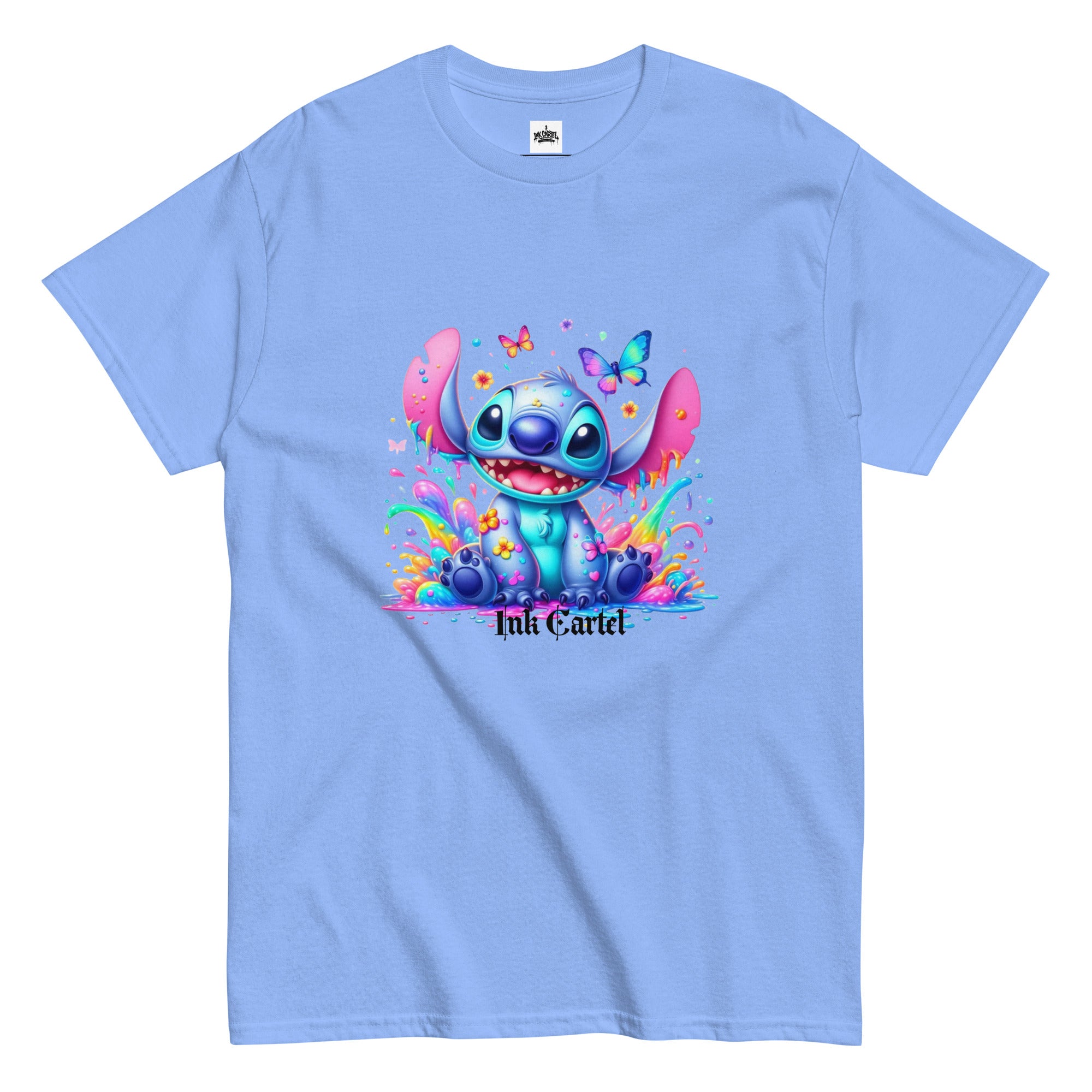  Ink Cartel exclusive streetwear design showing a cartoon-style blue character splashing through dripping black and colorful ink, creating a bold graffiti-inspired visual on a premium t-shirt