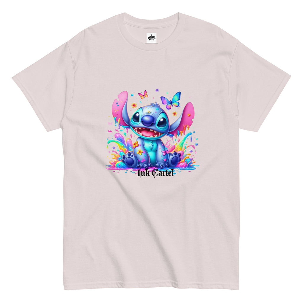  Ink Cartel exclusive streetwear design showing a cartoon-style blue character splashing through dripping black and colorful ink, creating a bold graffiti-inspired visual on a premium t-shirt