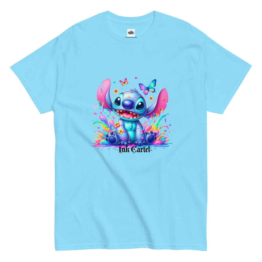  Ink Cartel exclusive streetwear design showing a cartoon-style blue character splashing through dripping black and colorful ink, creating a bold graffiti-inspired visual on a premium t-shirt