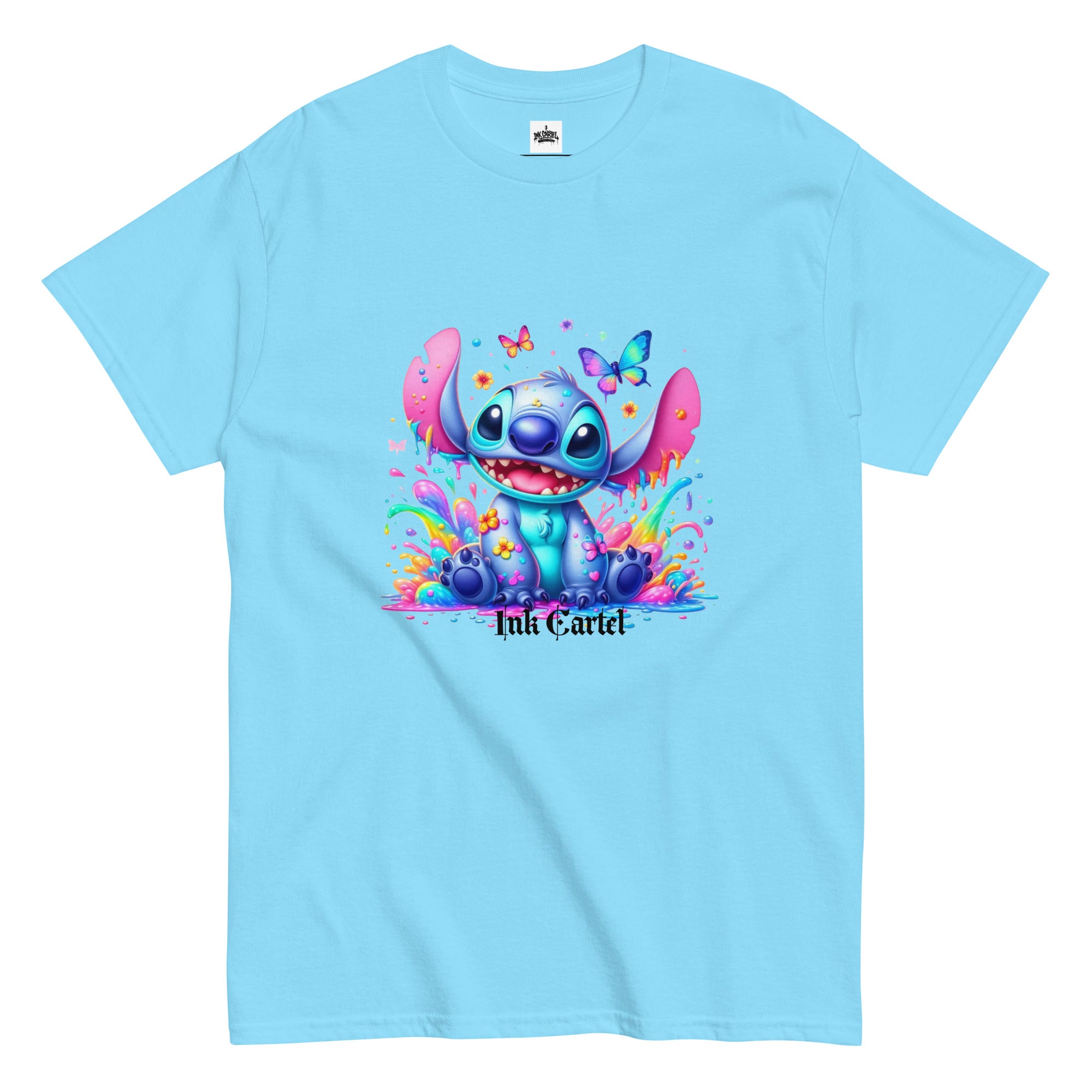  Ink Cartel exclusive streetwear design showing a cartoon-style blue character splashing through dripping black and colorful ink, creating a bold graffiti-inspired visual on a premium t-shirt