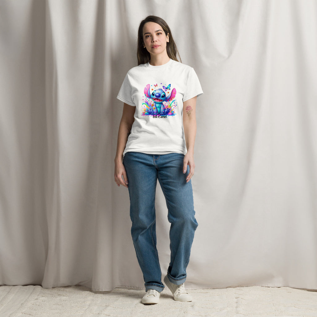  Ink Cartel exclusive streetwear design showing a cartoon-style blue character splashing through dripping black and colorful ink, creating a bold graffiti-inspired visual on a premium t-shirt