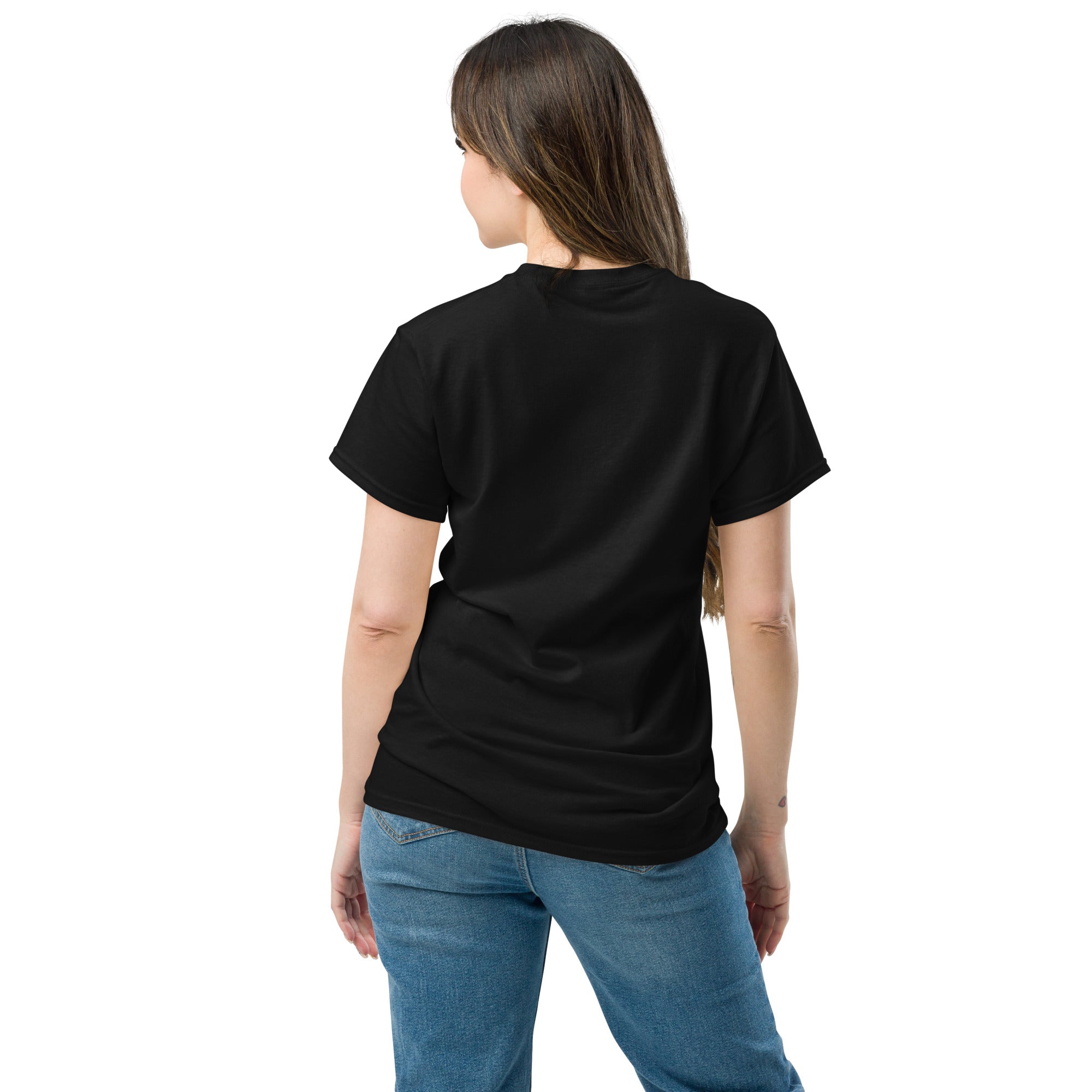 Person wearing a black t-shirt and blue jeans on a white background