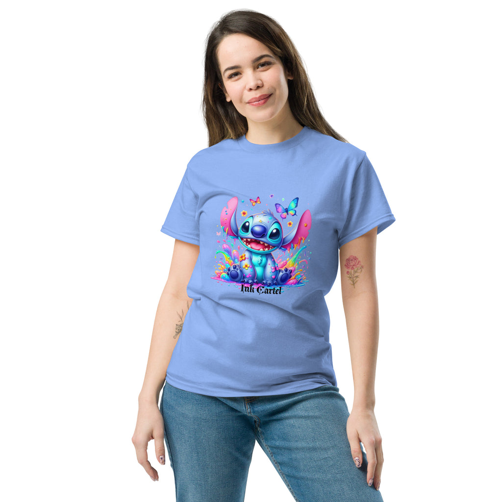  Ink Cartel exclusive streetwear design showing a cartoon-style blue character splashing through dripping black and colorful ink, creating a bold graffiti-inspired visual on a premium t-shirt