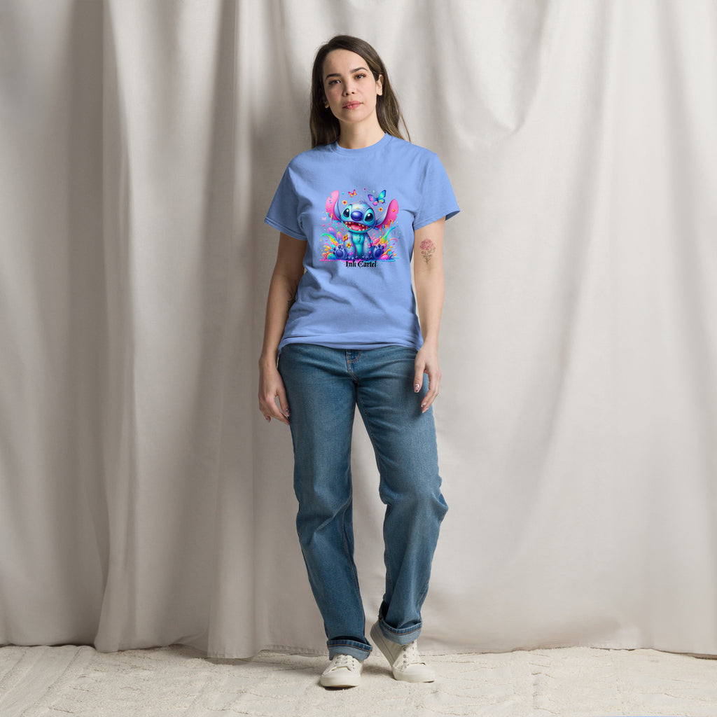  Ink Cartel exclusive streetwear design showing a cartoon-style blue character splashing through dripping black and colorful ink, creating a bold graffiti-inspired visual on a premium t-shirt
