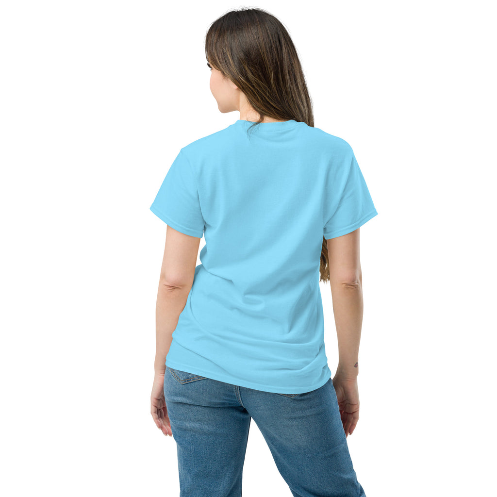 Person wearing a light blue t-shirt and jeans on a white background