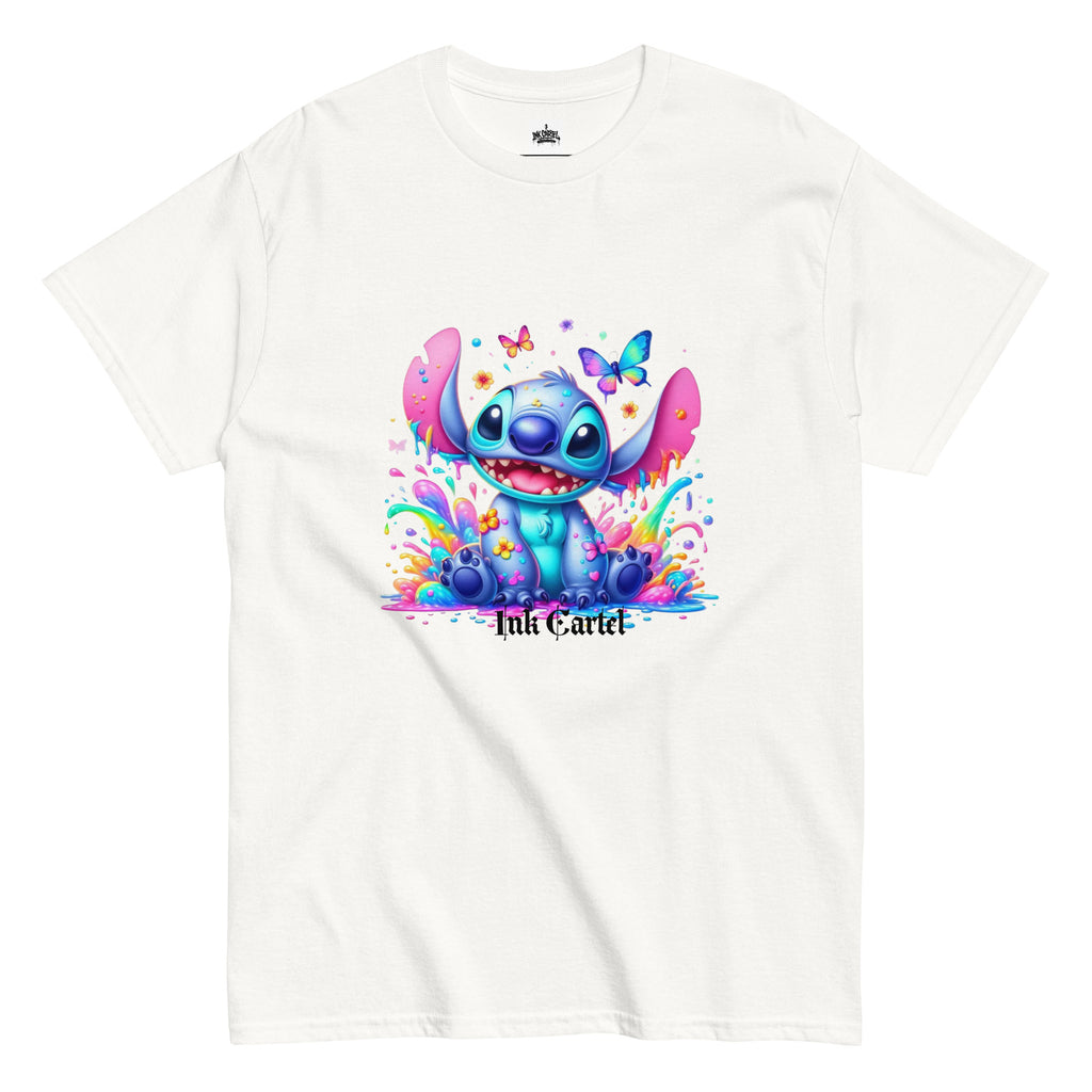  Ink Cartel exclusive streetwear design showing a cartoon-style blue character splashing through dripping black and colorful ink, creating a bold graffiti-inspired visual on a premium t-shirt
