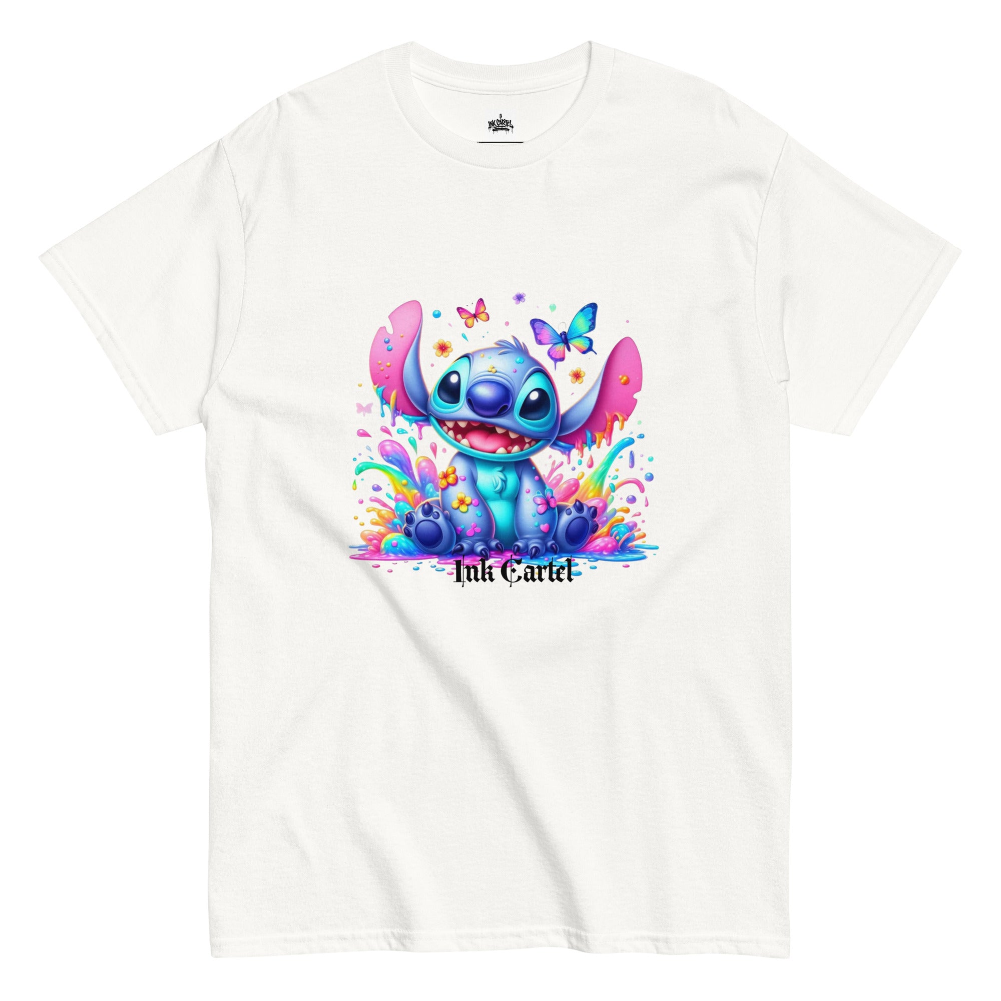  Ink Cartel exclusive streetwear design showing a cartoon-style blue character splashing through dripping black and colorful ink, creating a bold graffiti-inspired visual on a premium t-shirt