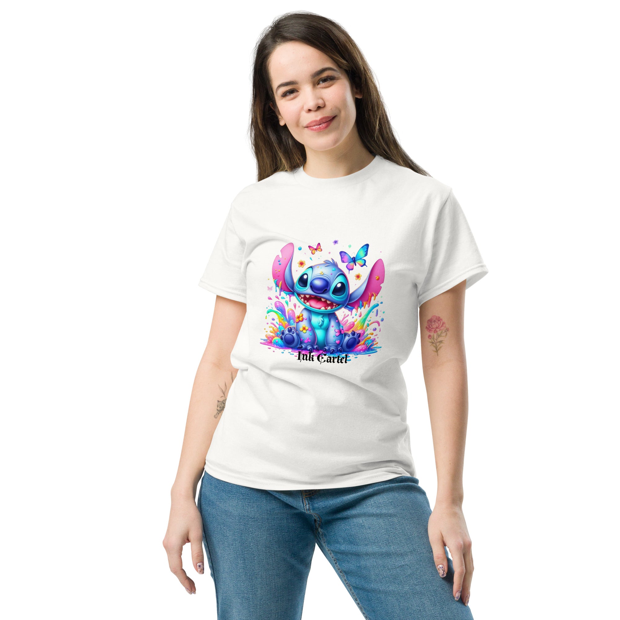  Ink Cartel exclusive streetwear design showing a cartoon-style blue character splashing through dripping black and colorful ink, creating a bold graffiti-inspired visual on a premium t-shirt