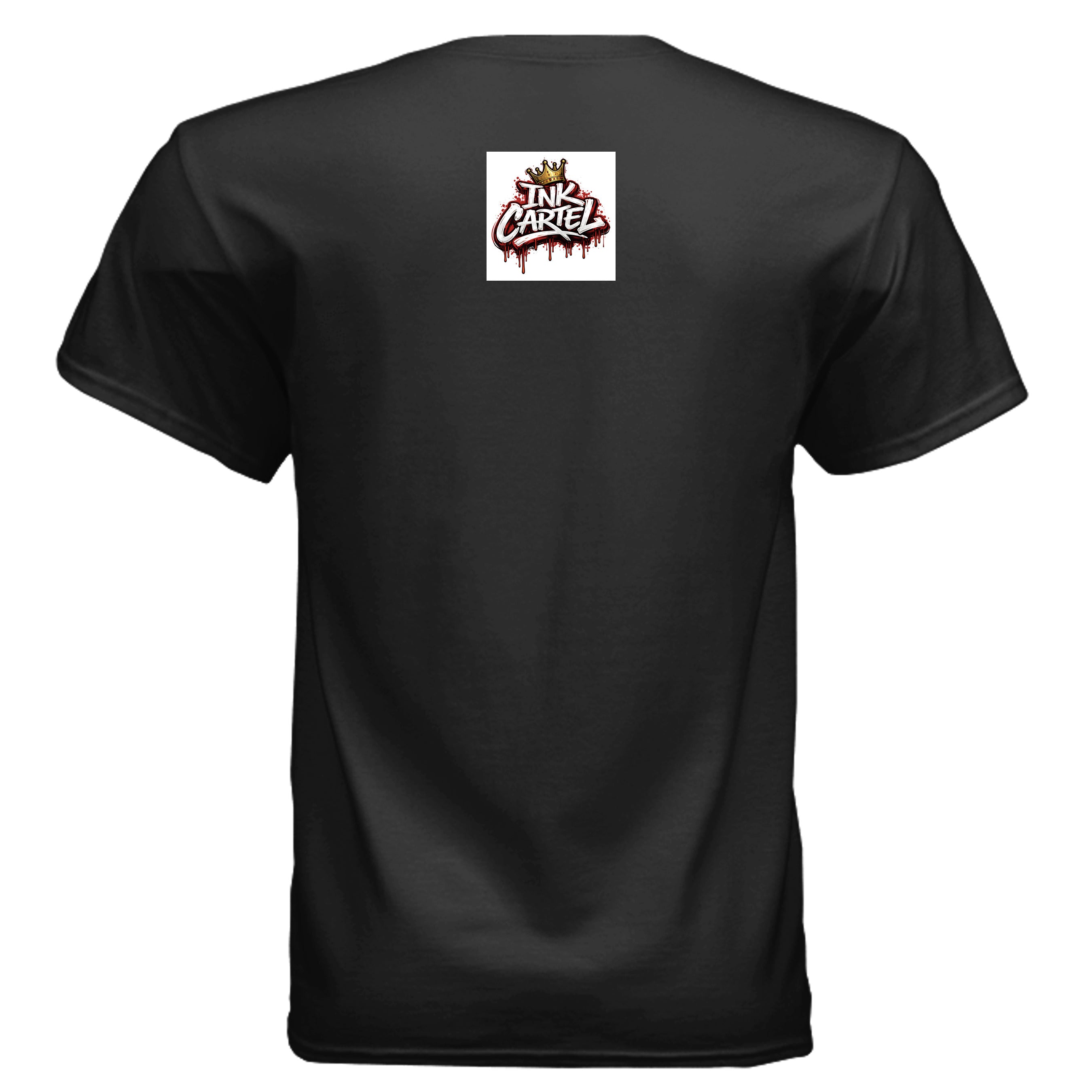 Black t-shirt with a logo on the back against a white background