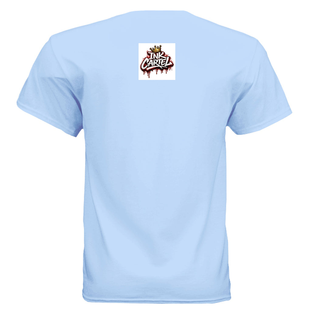 Light blue t-shirt with a logo on the back against a white background
