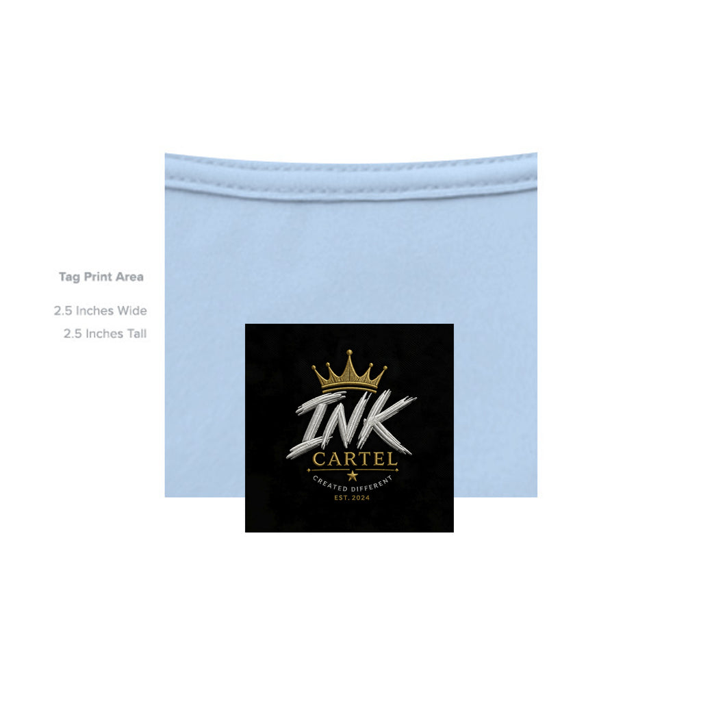 Light blue fabric with a logo print area for 'INK CARTEL' on a white background