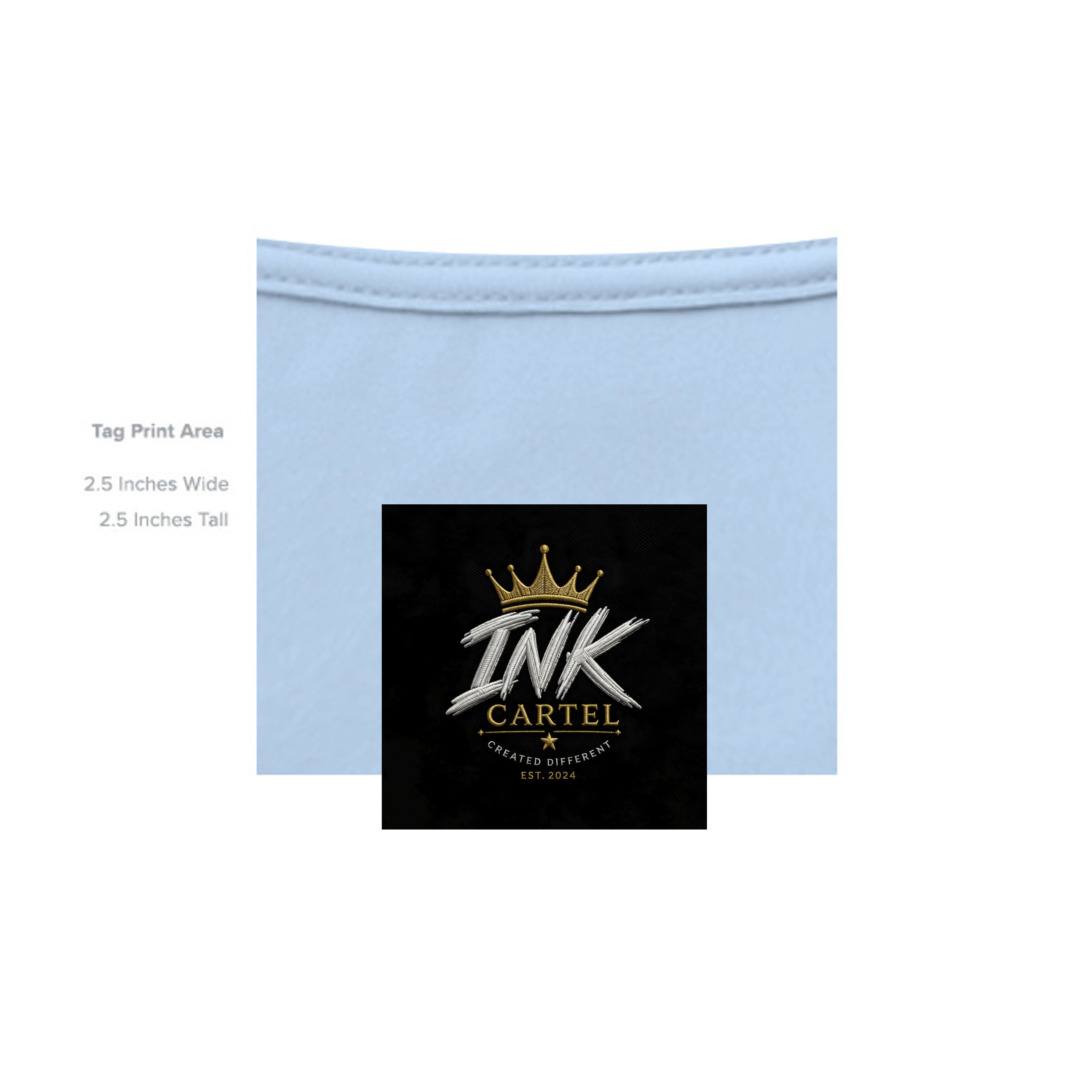 Light blue fabric with a logo print area for 'INK CARTEL' on a white background