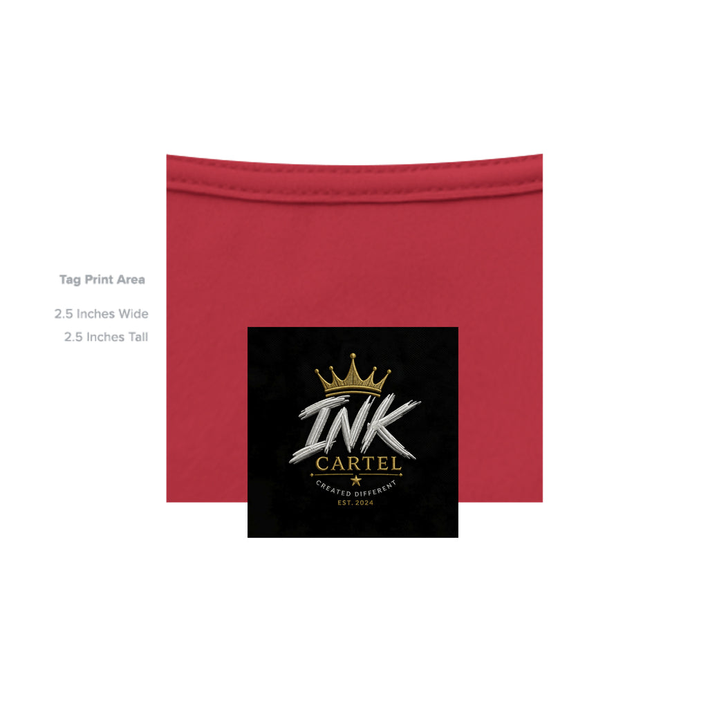 Red fabric with a black square featuring 'INK CARTEL' logo on a white background