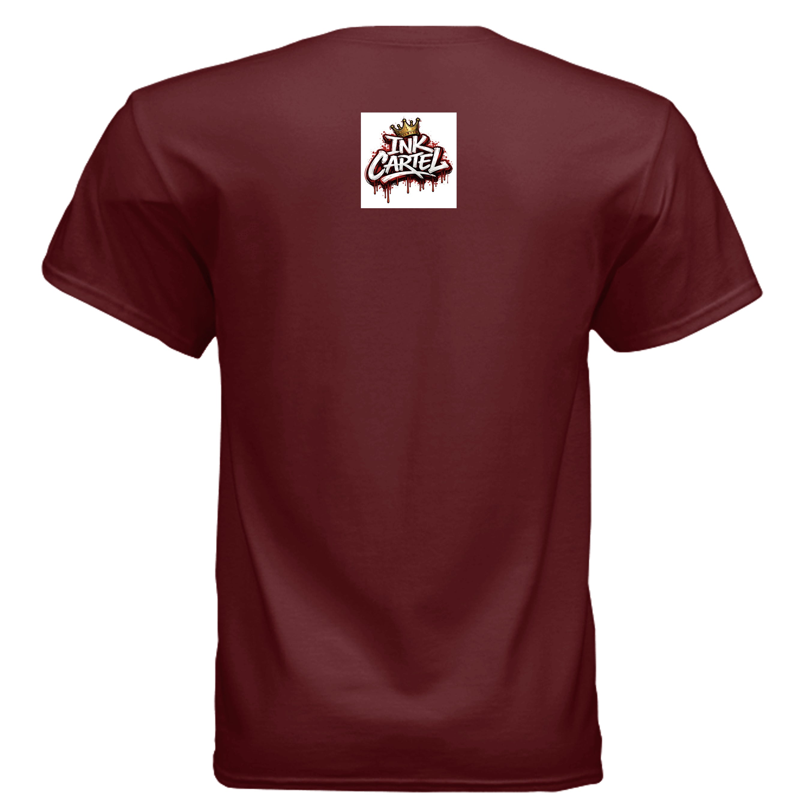 Maroon t-shirt with a logo on the back against a white background