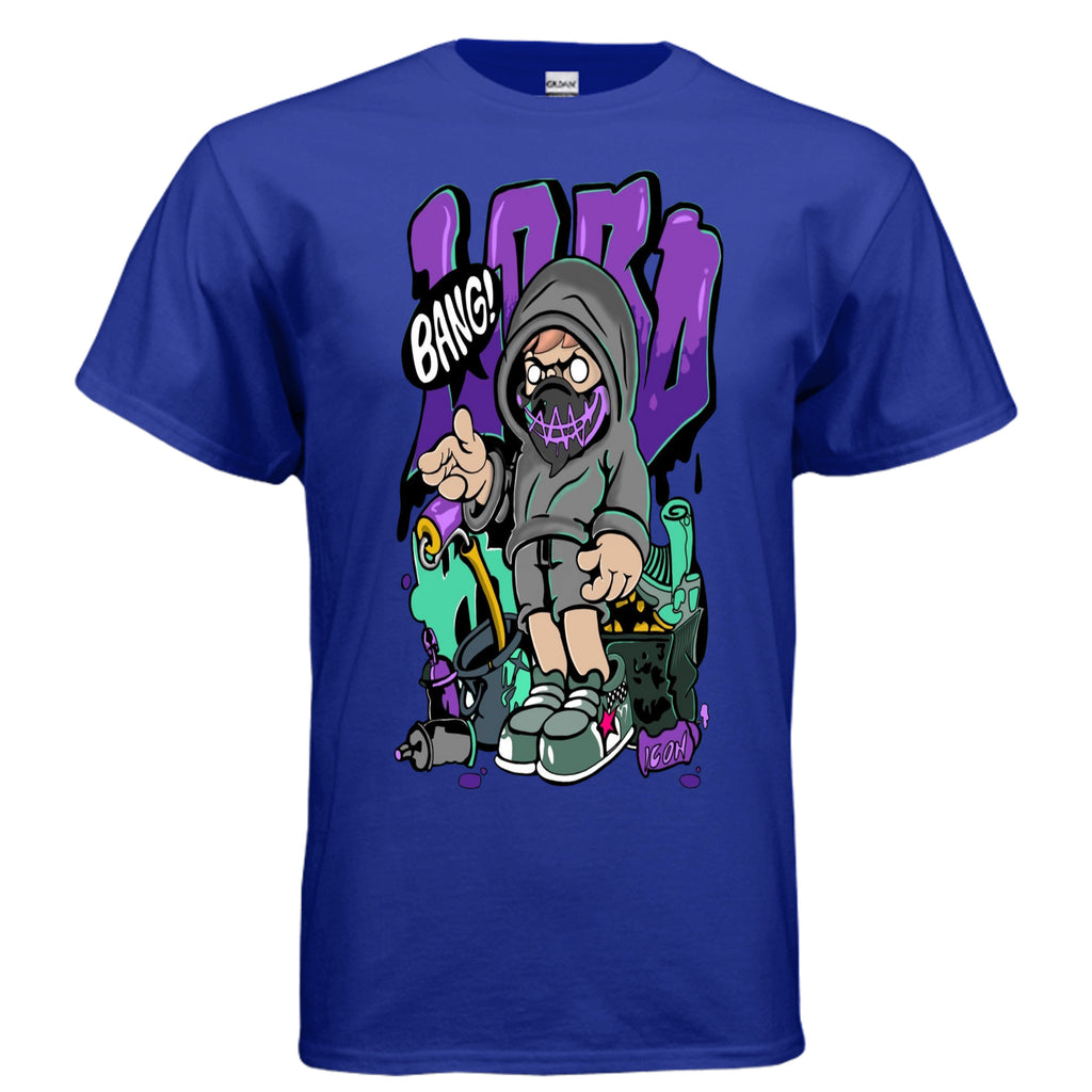 Blue t-shirt with a graphic design of a character in a hood and sneakers on a blue background