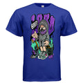 Blue t-shirt with a graphic design of a character in a hood and sneakers on a blue background