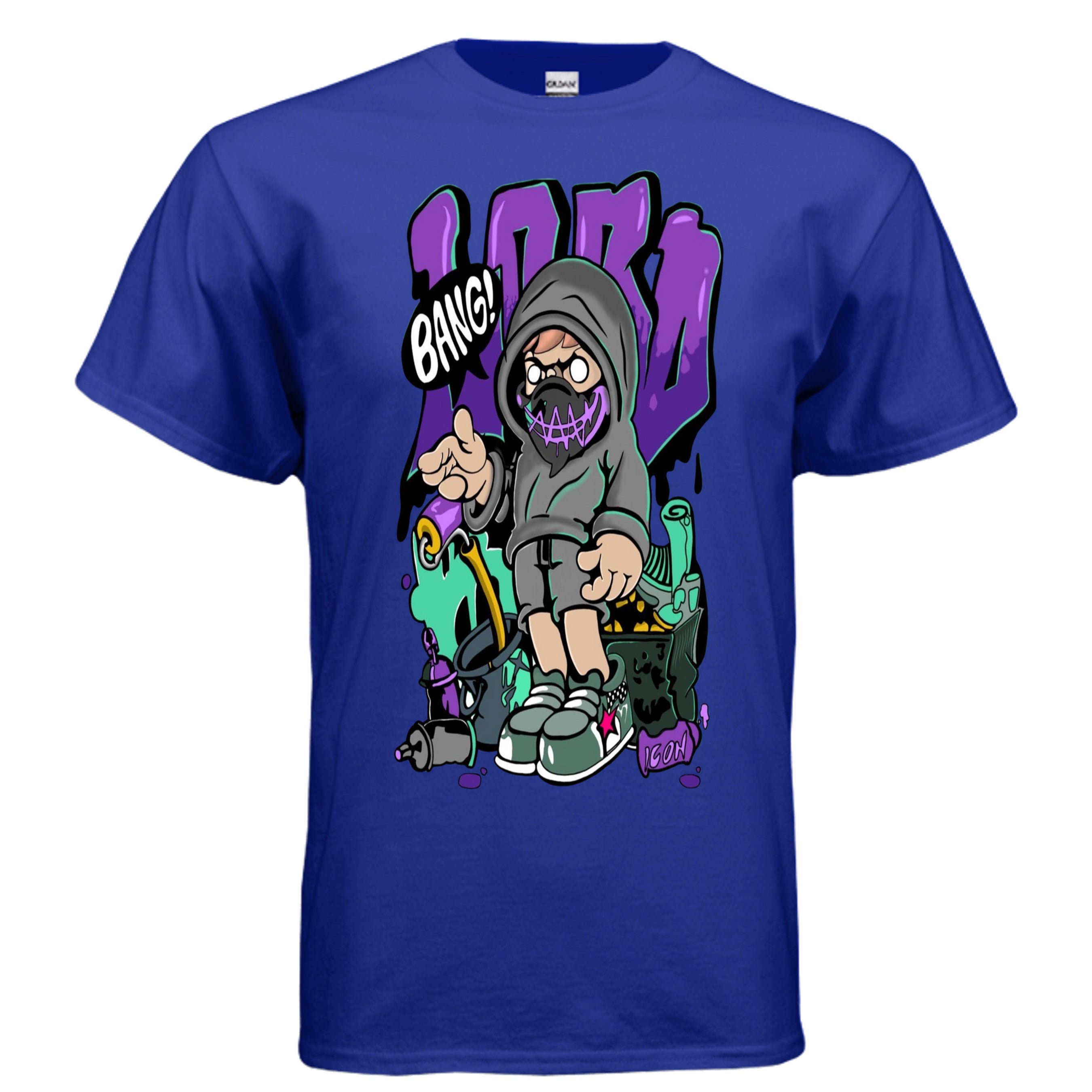 Blue t-shirt with a graphic design of a character in a hood and sneakers on a blue background