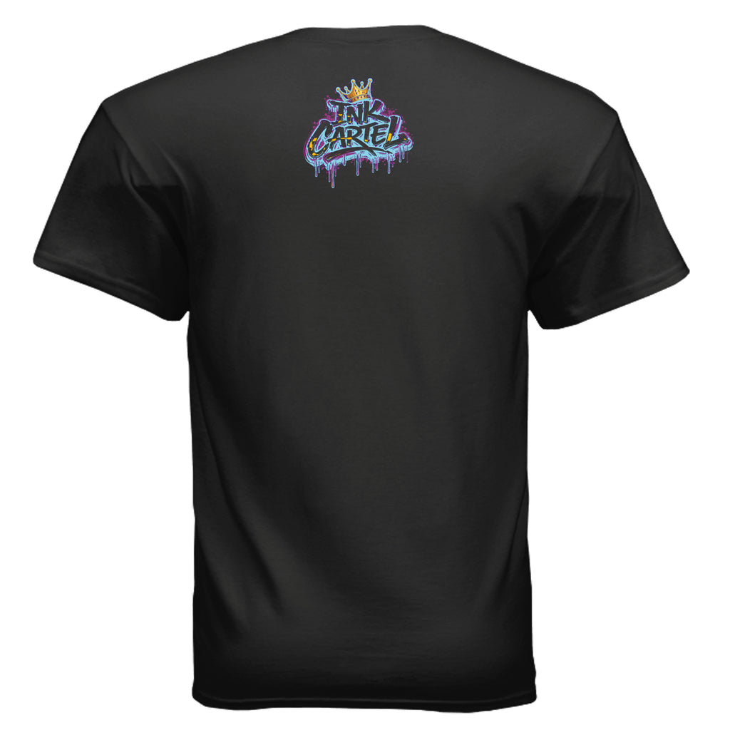 Black t-shirt with a colorful graphic on the back against a white background
