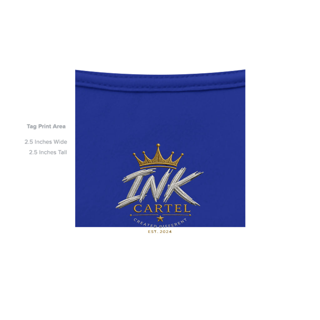 Blue fabric swatch with 'INK CARTEL' logo and text on a white background