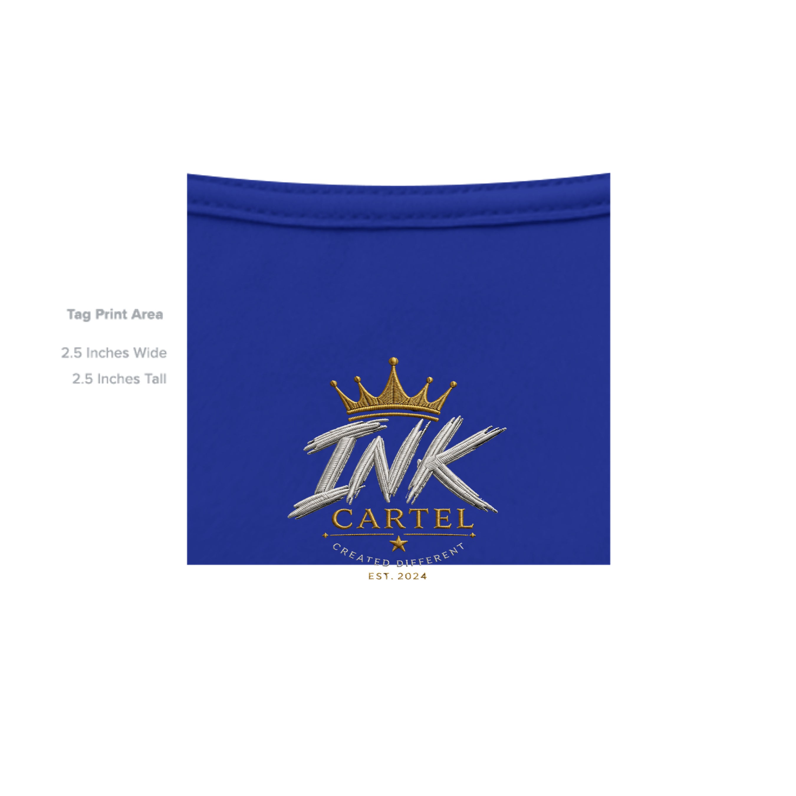 Blue fabric swatch with 'INK CARTEL' logo and text on a white background