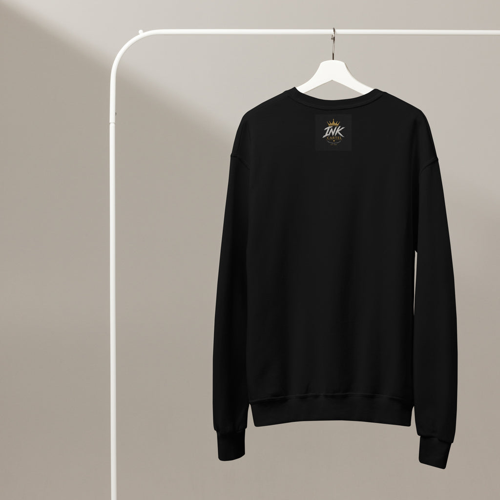 Black sweatshirt on a hanger against a neutral background