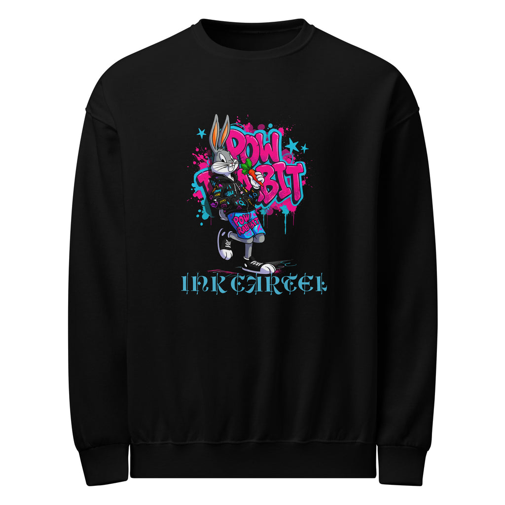 Black sweatshirt with colorful graphic design on a white background