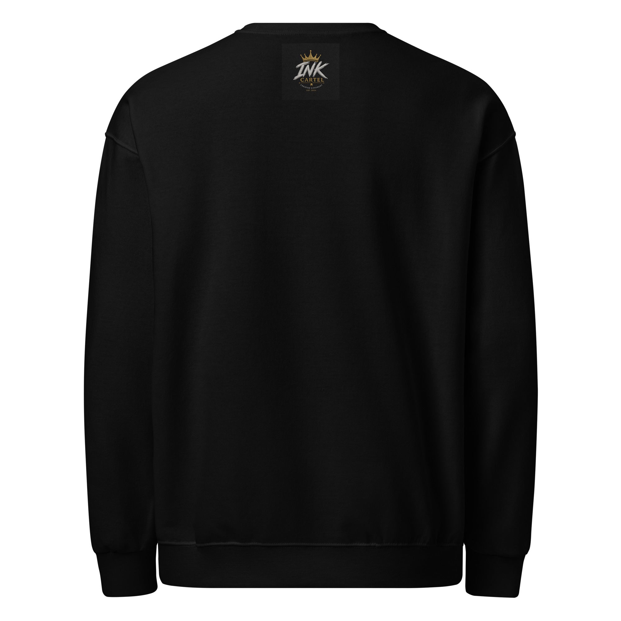 Black sweatshirt with a logo on the back against a white background