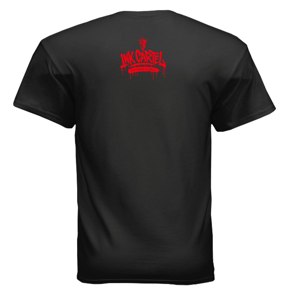Black t-shirt with red logo on the back against a white background