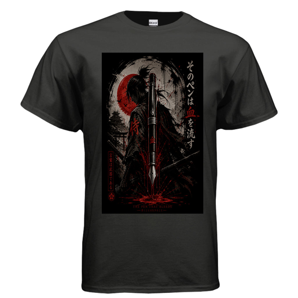 Black t-shirt with a graphic design of a sword and moon on a white background