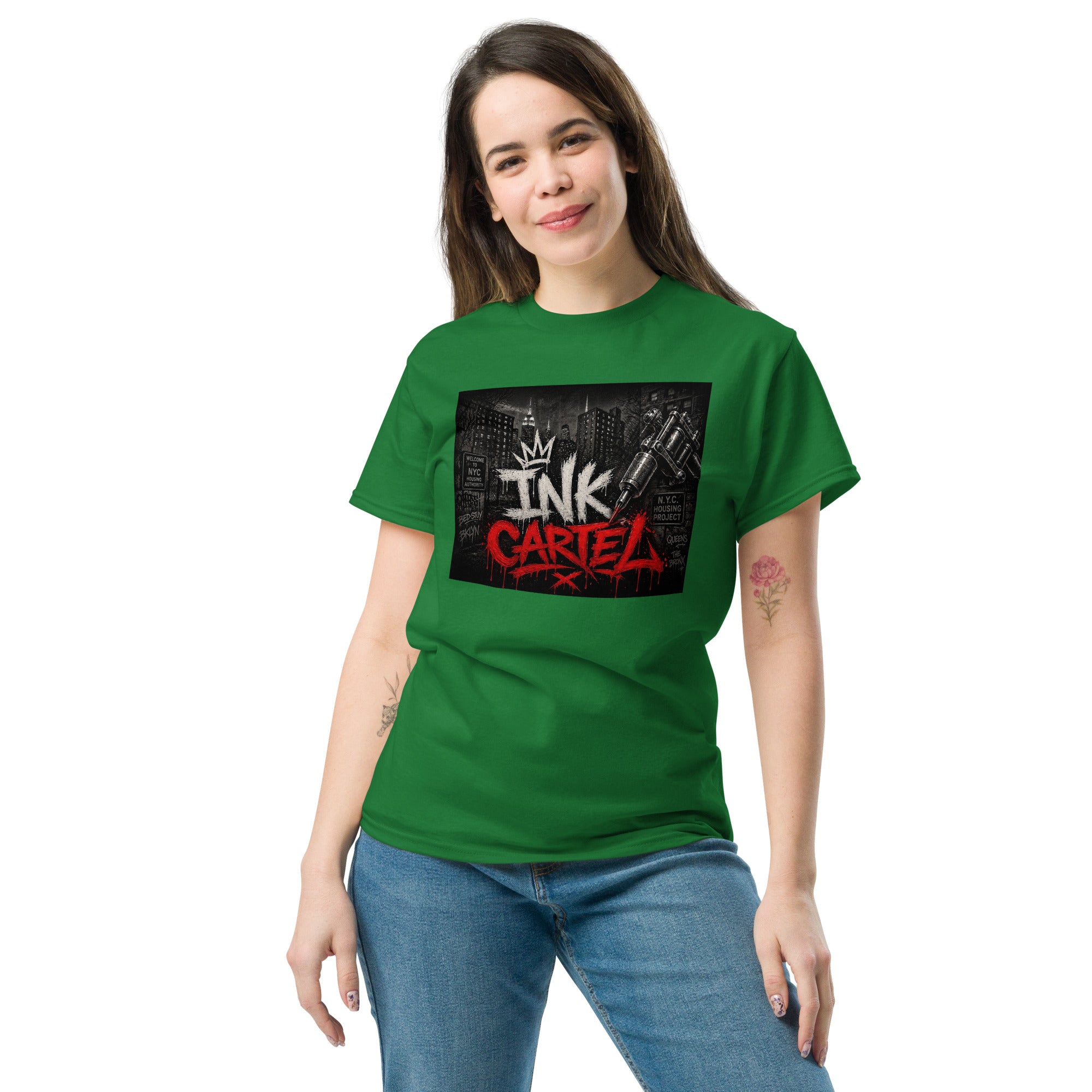 Ink Cartel Concrete Jungle Tattoo Pen Tee with urban graffiti design and tattoo pen artwork, streetwear shirt inspired by city life