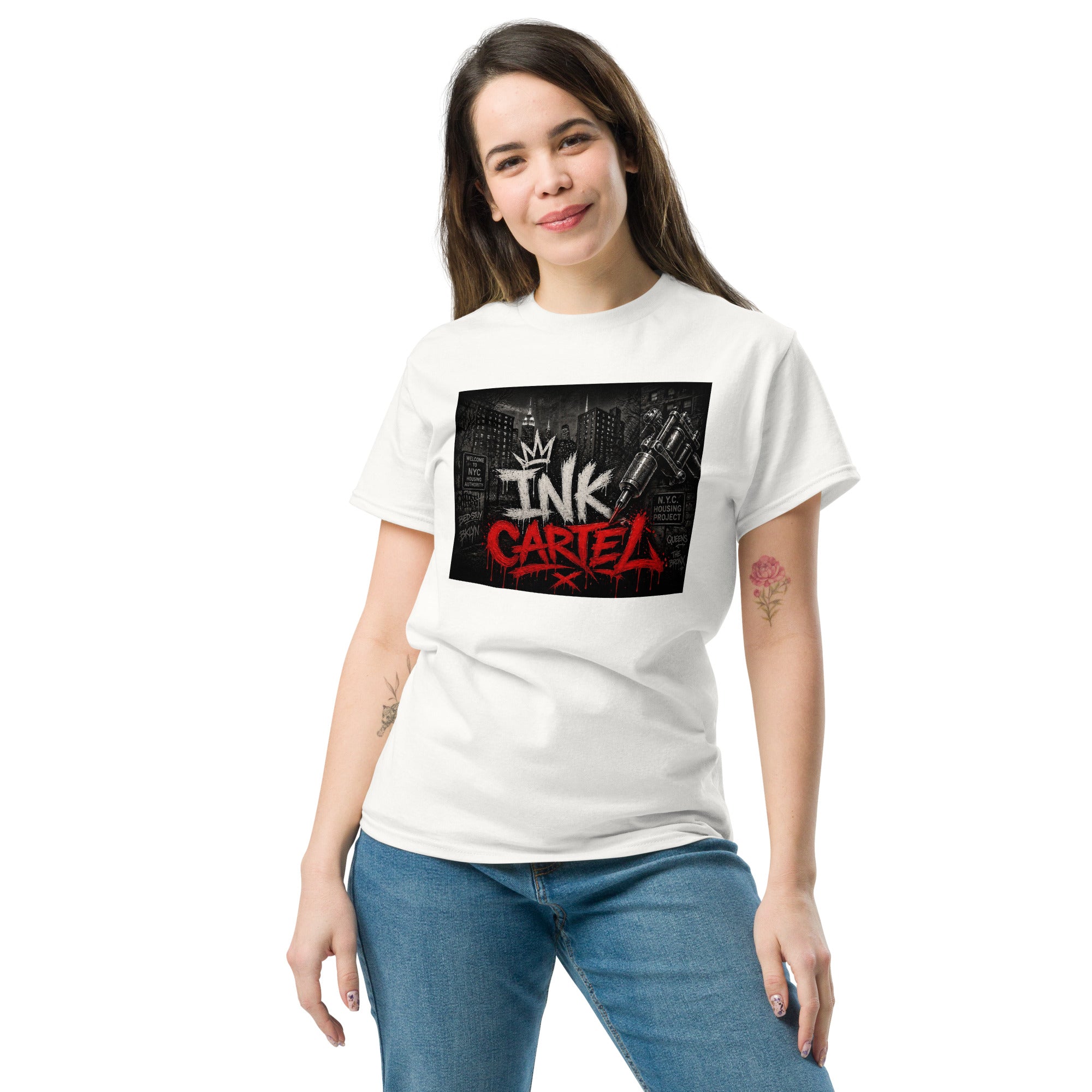 Ink Cartel Concrete Jungle Tattoo Pen Tee with urban graffiti design and tattoo pen artwork, streetwear shirt inspired by city life
