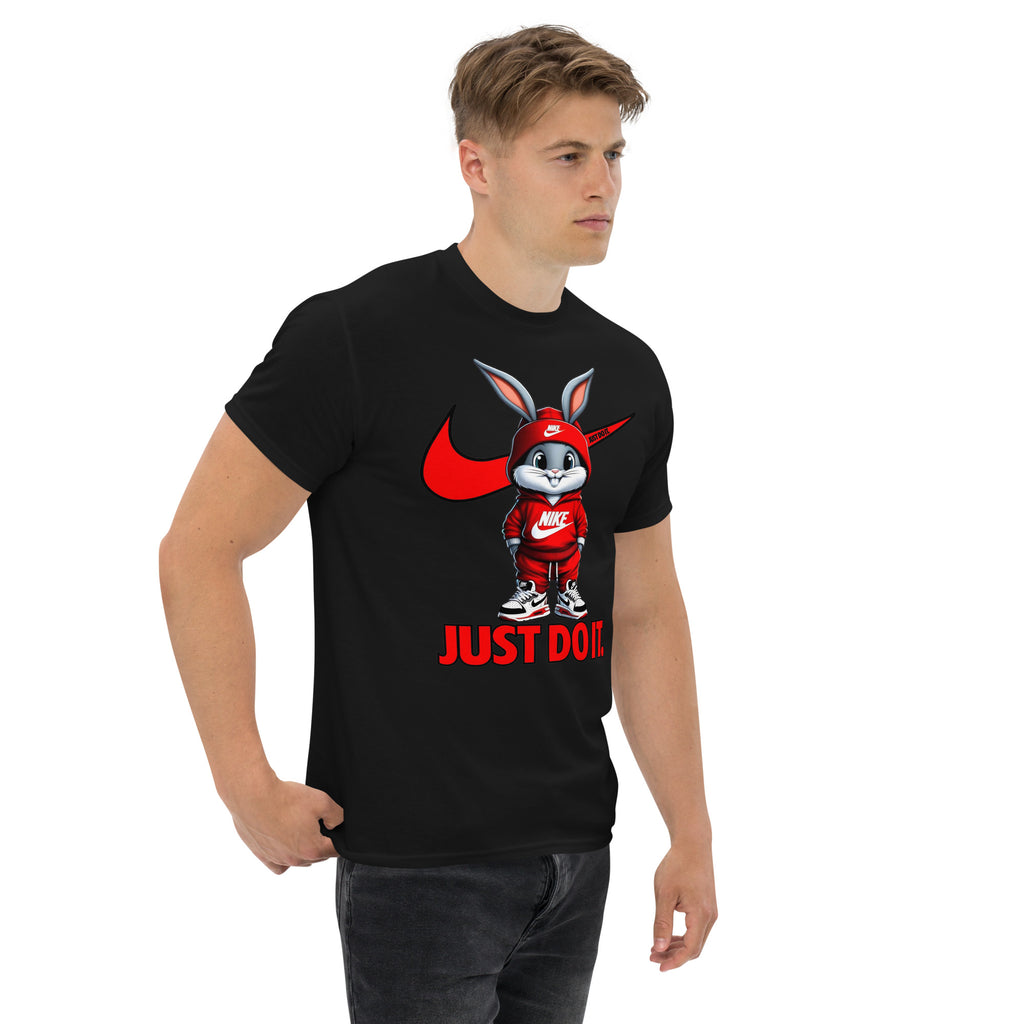 Person wearing a black t-shirt with a cartoon character and 'Just Do It' text on a white background