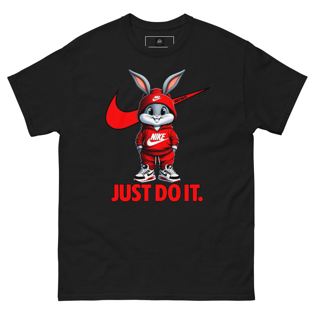 Black t-shirt with a cartoon character in a red outfit and 'Just Do It' text on a white background